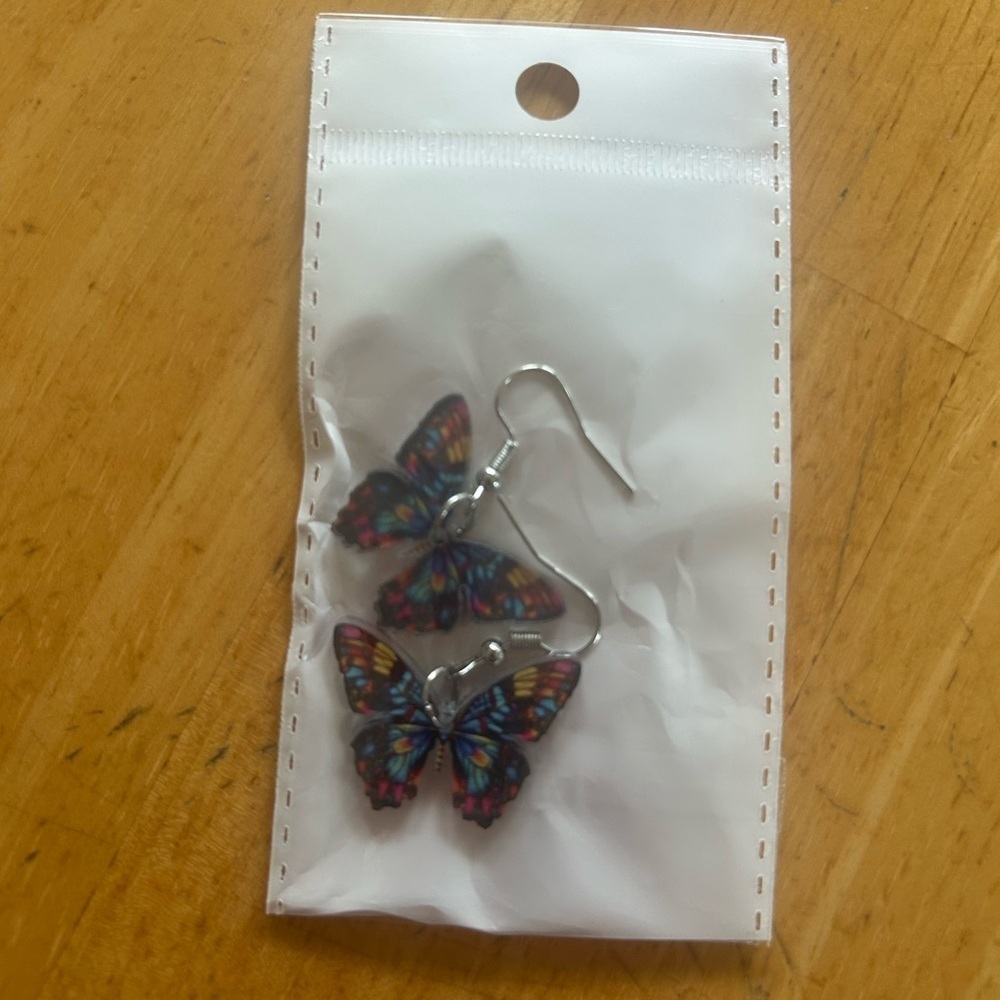 Vibrant Multicolor Butterfly Drop Earrings - Colorful Wings - Picture 2 of 6